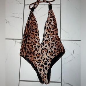 shein leopard print brown and black one piece swimsuit bathing suit